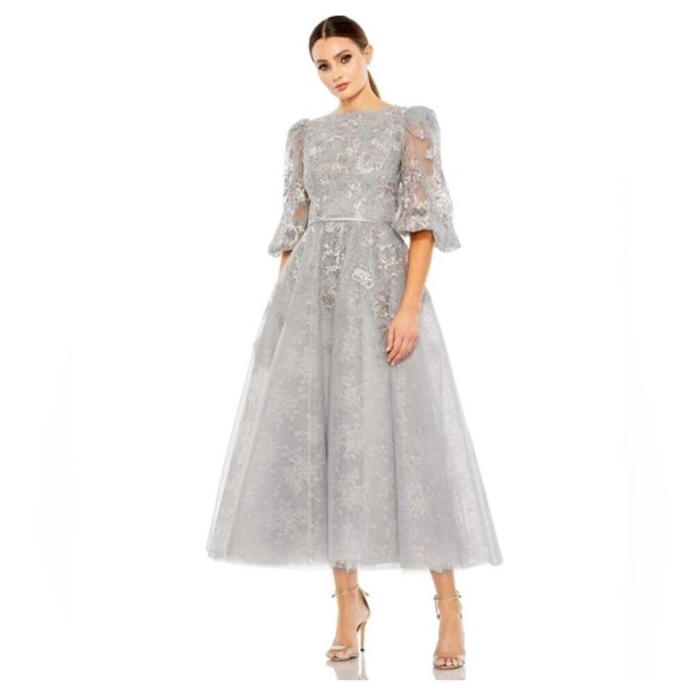 MAC DUGGAL Dress NEW 12 Silver Gray Beaded Tulle Midi Tea‎ Puff Sleeve Event - Picture 9 of 10
